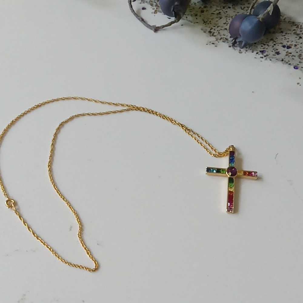 Gold Rhinestone Cross Necklace - Picture 3 of 7